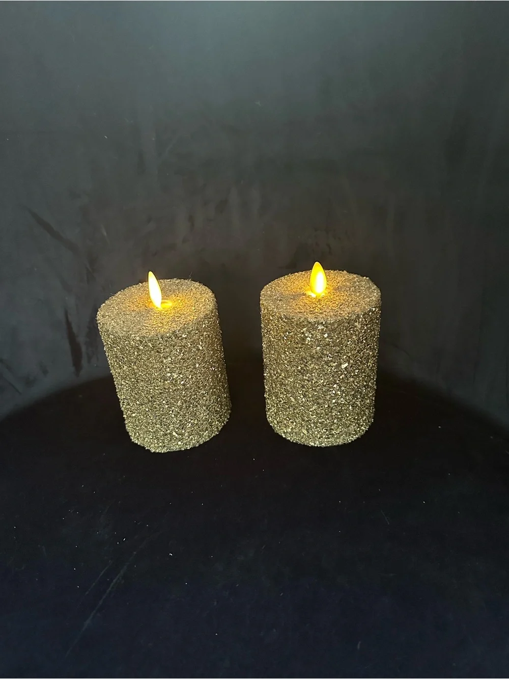 Pottery Barn Set of 2 Silver Small Glitter Pillar Flameless Flicker Candles